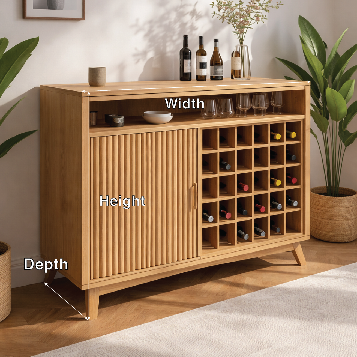 Solid Wood Wine Cabinet with Slatted Door and Bottle Rack Storage