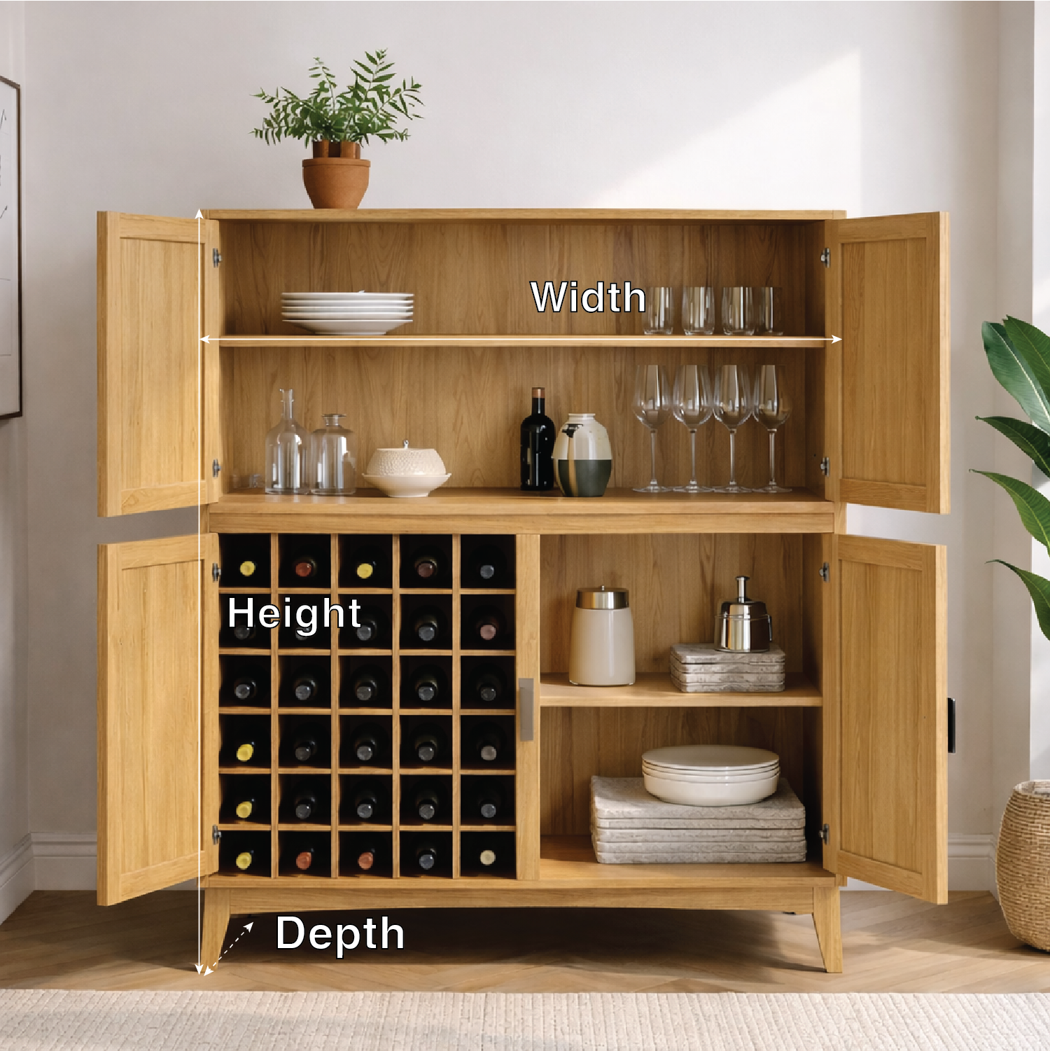 Handcrafted Solid Wood Wine Cabinet with Bottle Rack and Storage Shelves