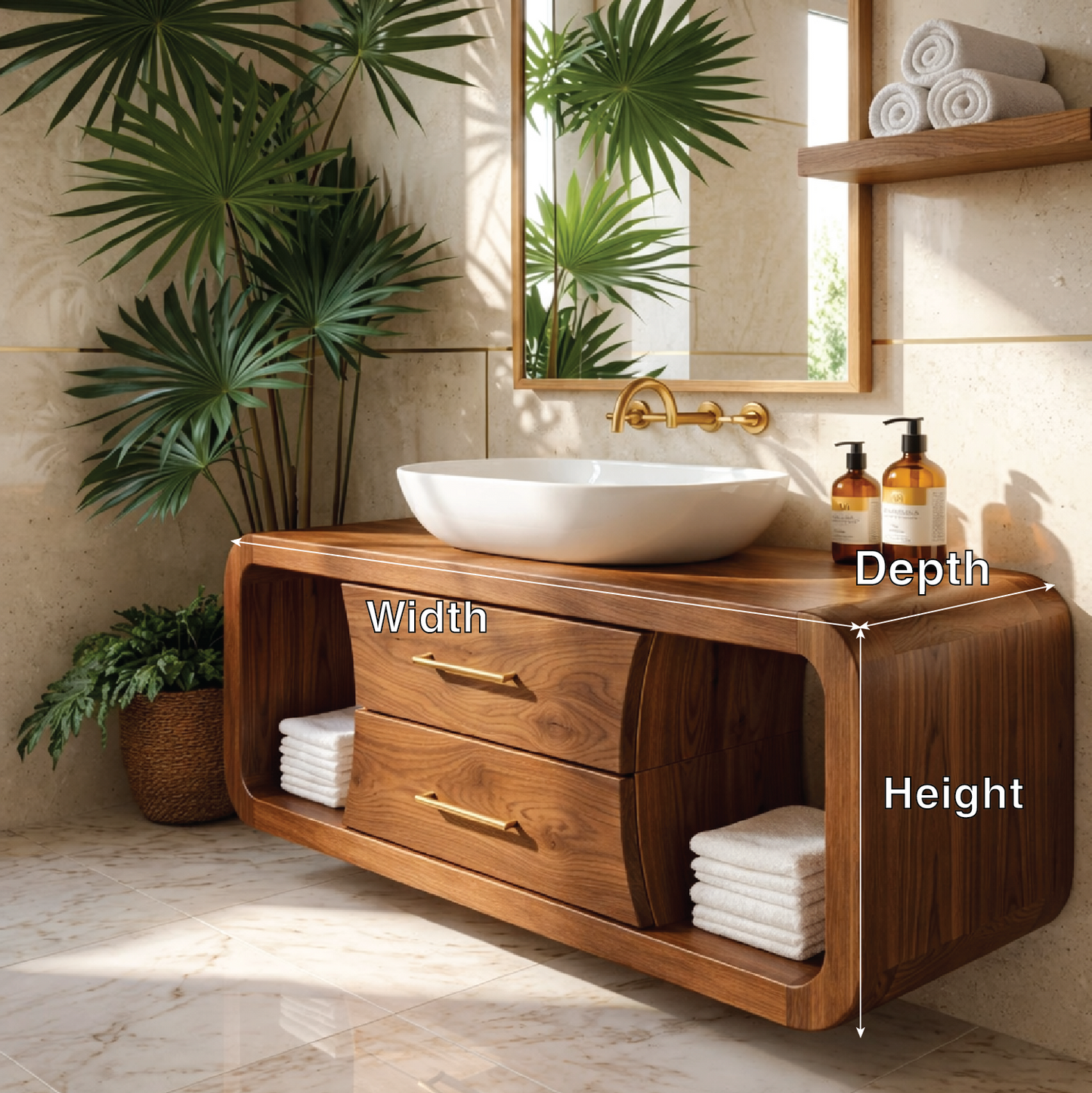 Modern Solid Wood Bathroom Vanity with Curved Frame and Open Shelf Storage