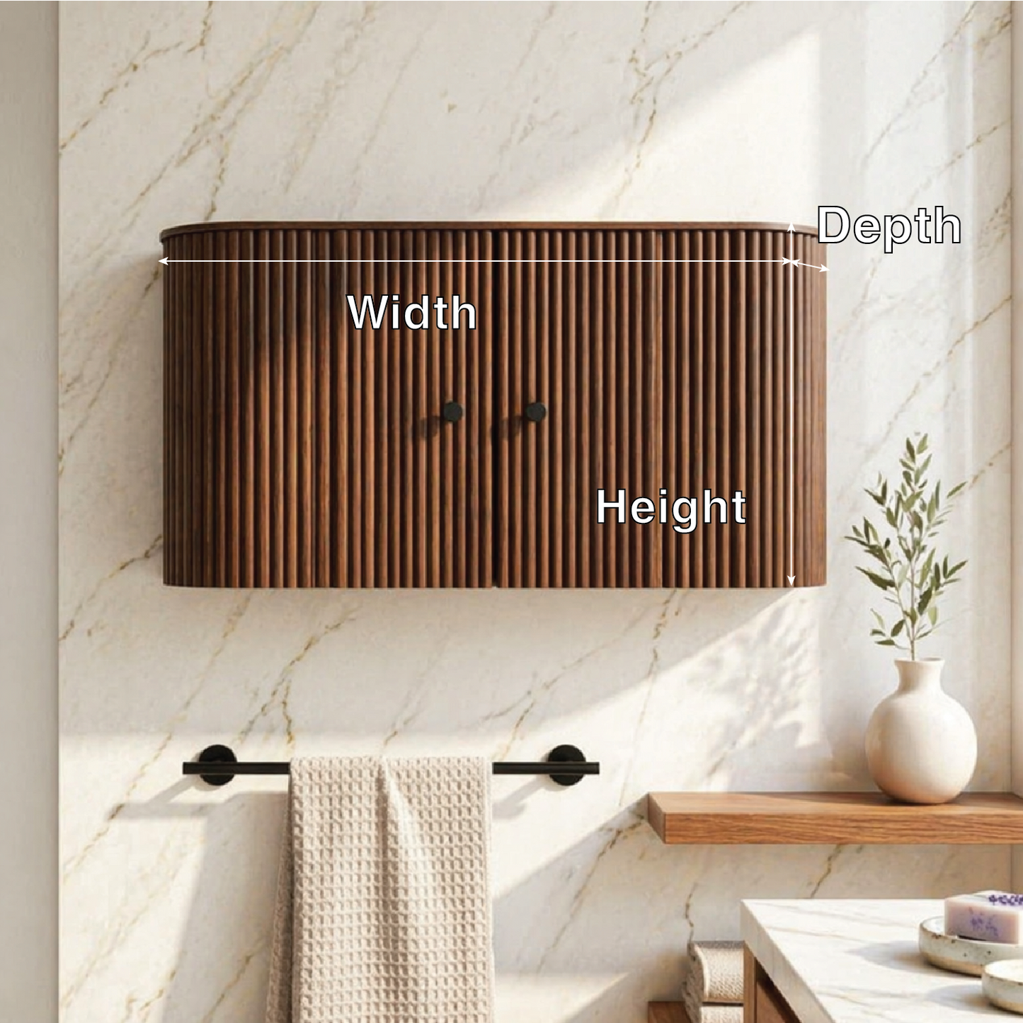 Curved Floating Bathroom Cabinet, Modern Fluted Wall Mounted Storage Organizer
