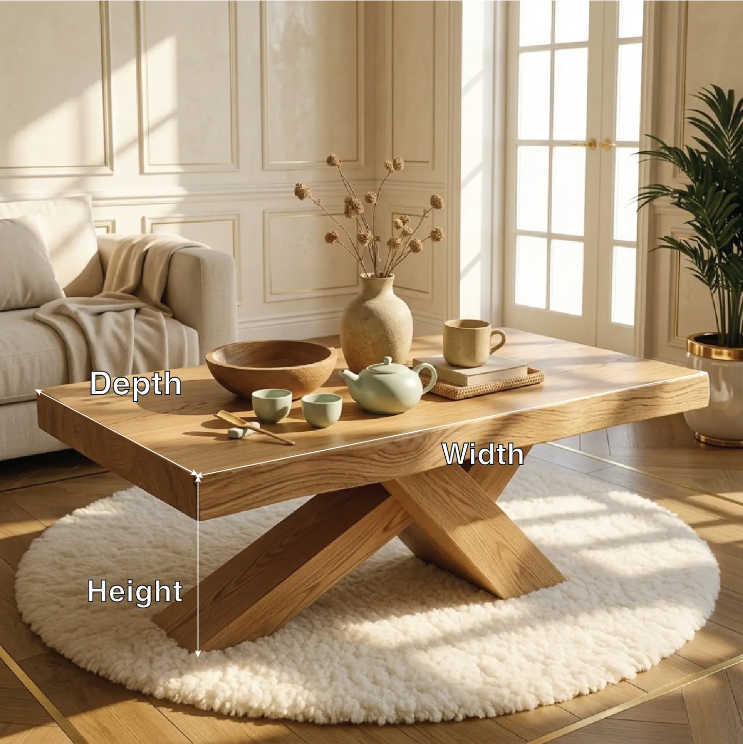 Rustic Solid Wood Coffee Table with X-shaped Legs and Natural Finish Kitchnce