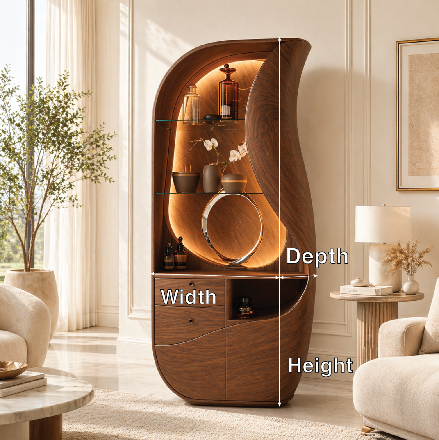 Sculptural Bar Cabinet Modern Display Shelves Accent Storage Cabinet Statement Furniture