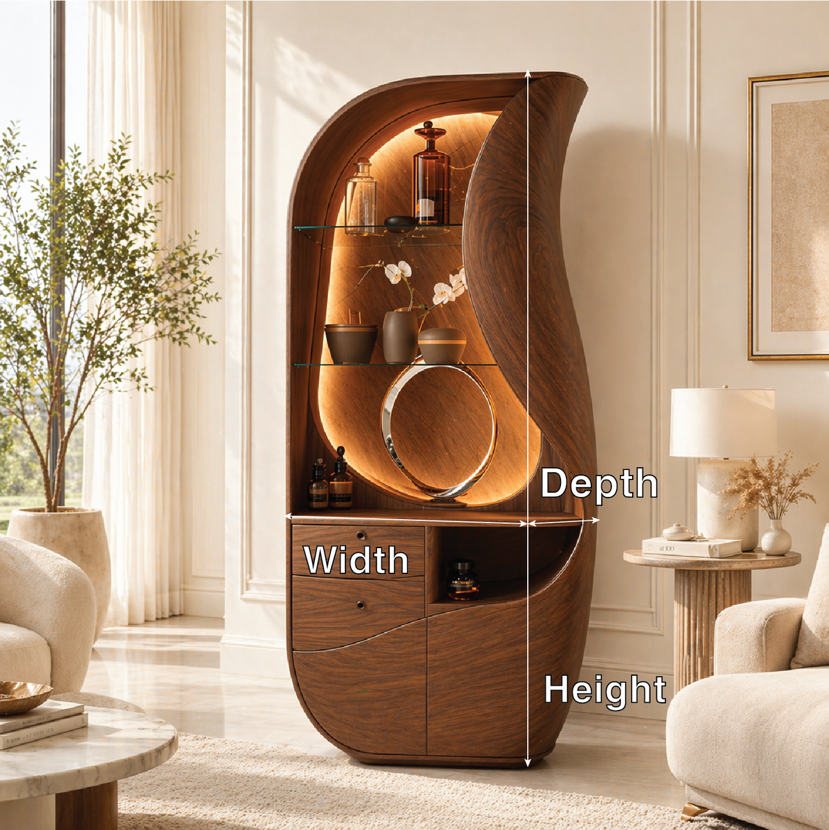 Sculptural Bar Cabinet Modern Display Shelves Accent Storage Cabinet Statement Furniture
