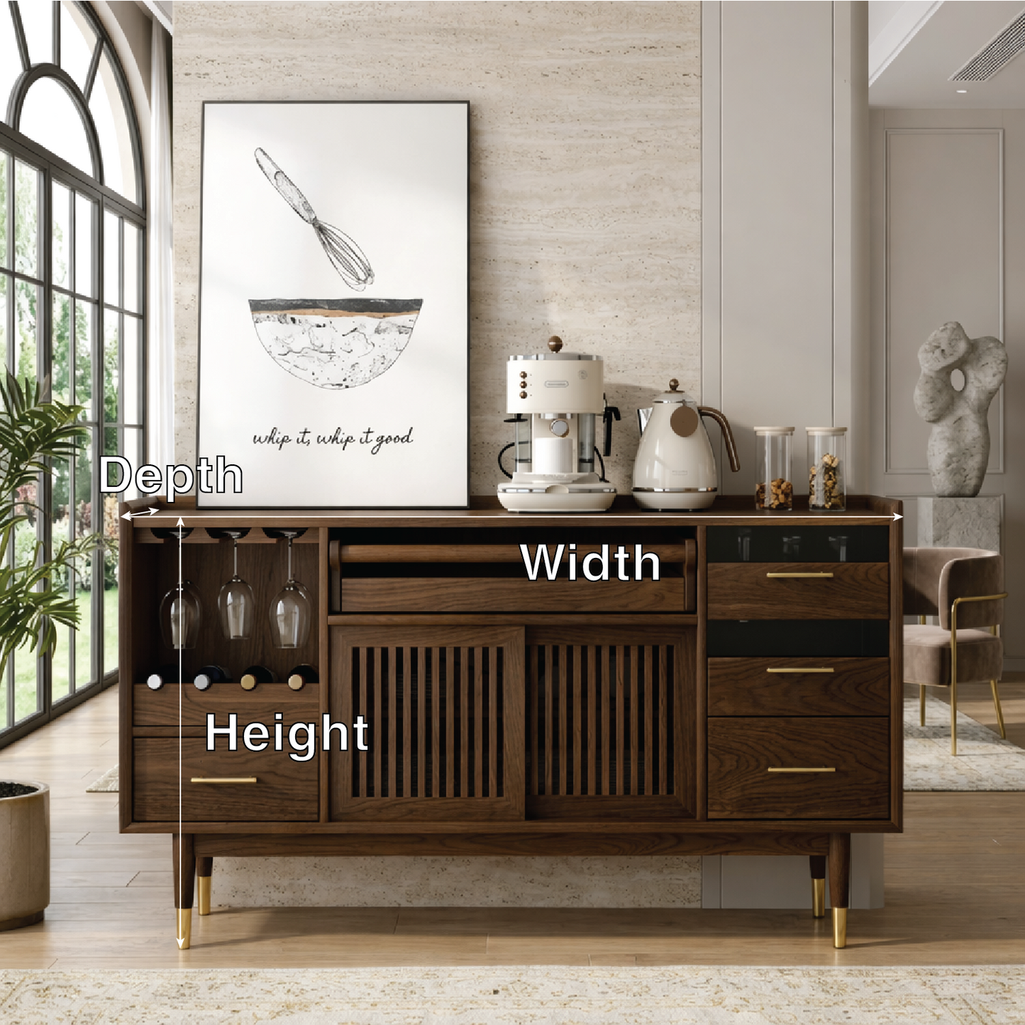 Luxury Modern Wooden Coffee Bar Cabinet, Fluted Sideboard with Wineglass Storage