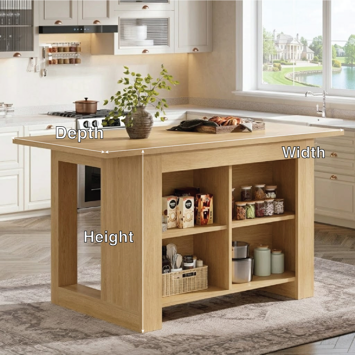 Large Kitchen Island with Open Storage Shelves, Modern Prep Table for Kitchen Dining Space
