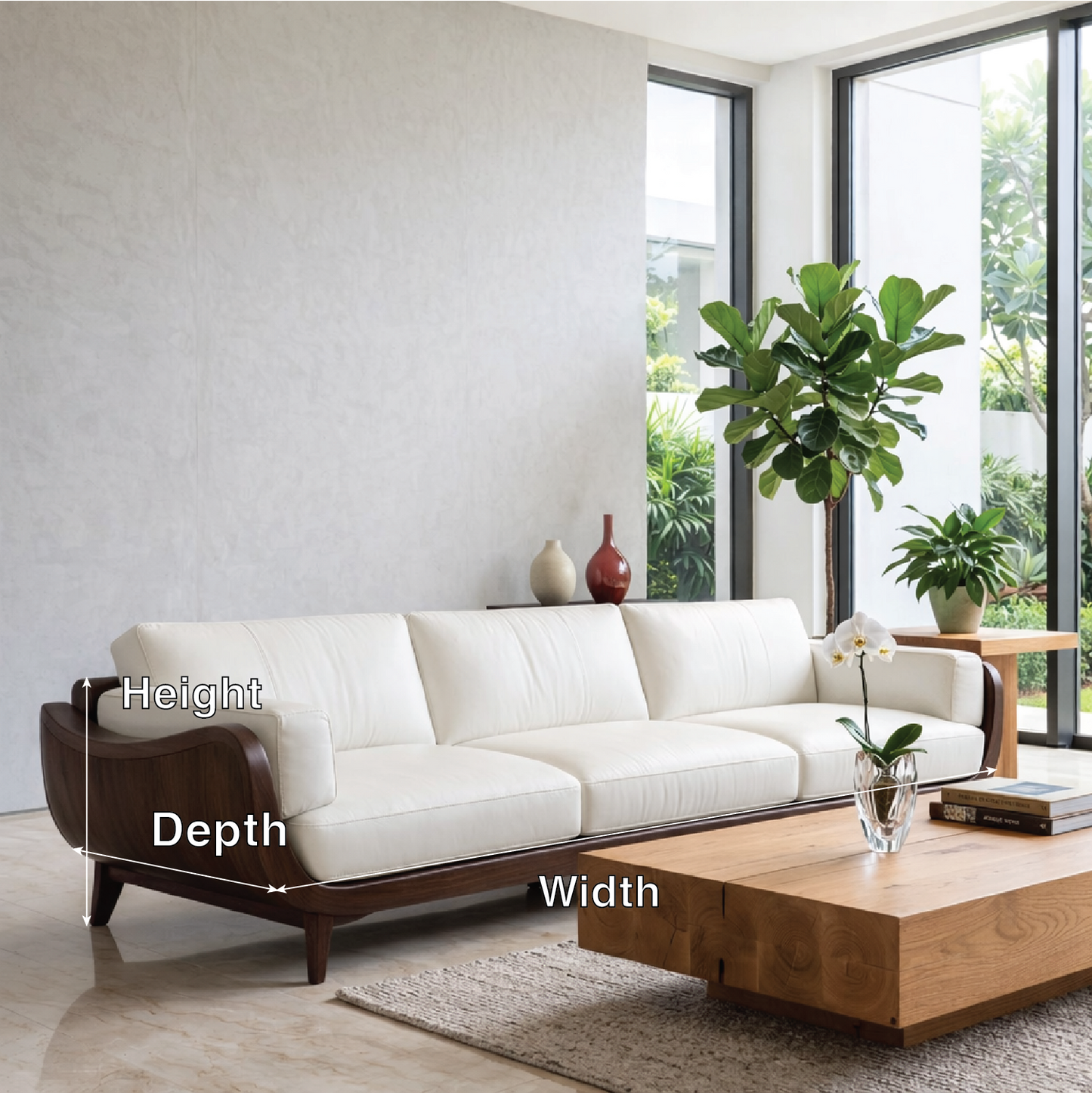 Modern Curved Solid Wood Sofa with White Leather Cushions Luxury Scandi Couch