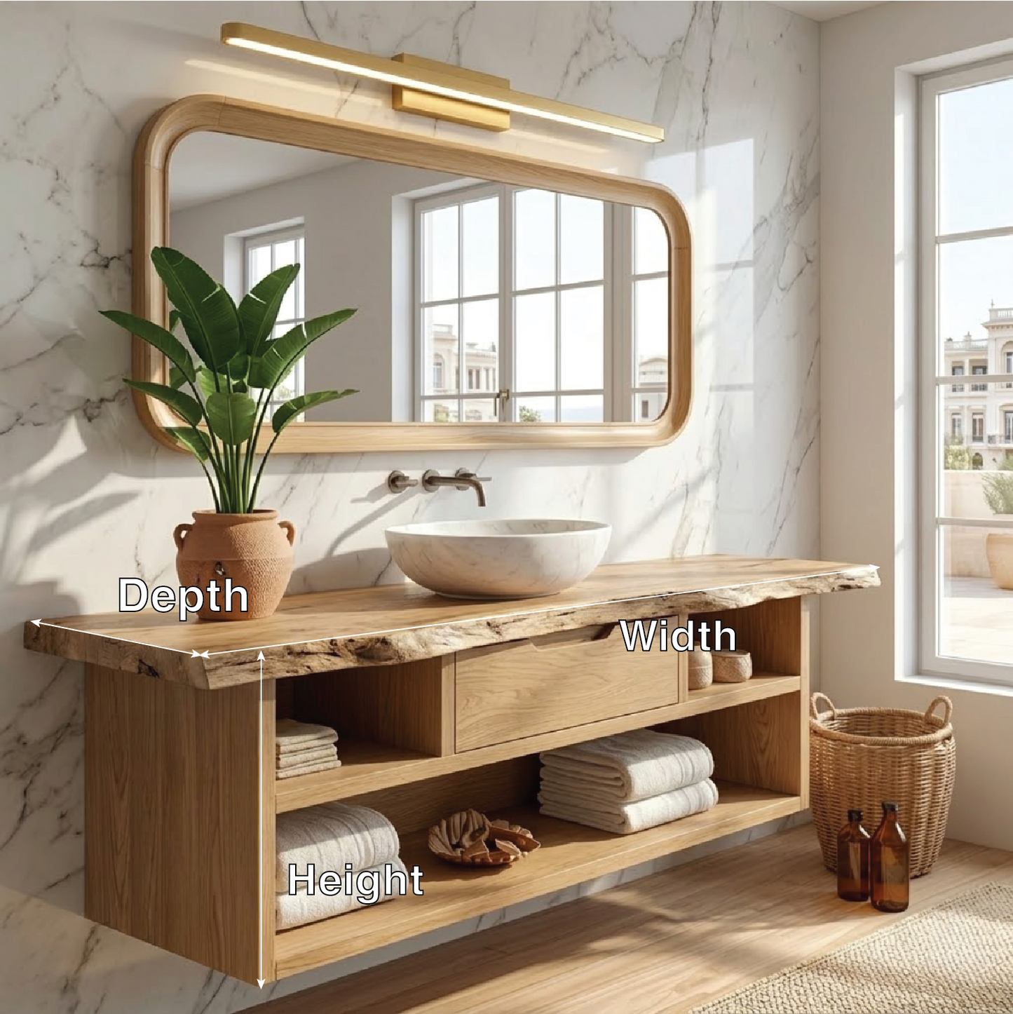 Modern Floating Vanity with Walnut Wood, Marble Sink, and Spacious Storage Kitchnce