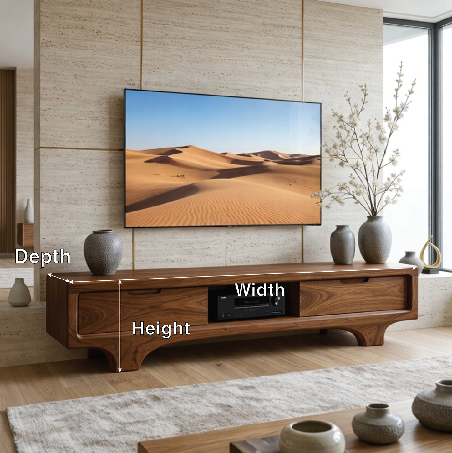 Solid Wood TV Stand with Drawers, Low Profile Modern Media Console Cabinet