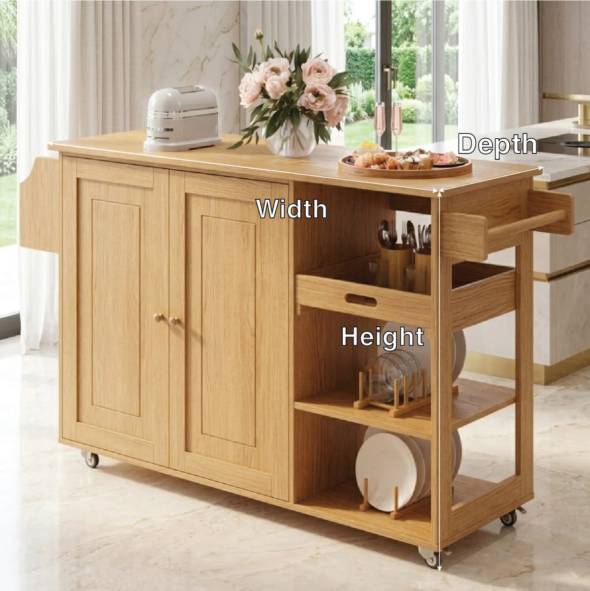 Rolling Kitchen Island with Storage Cabinet, Pull Out Tray, Modern Prep Cart for Dining Space