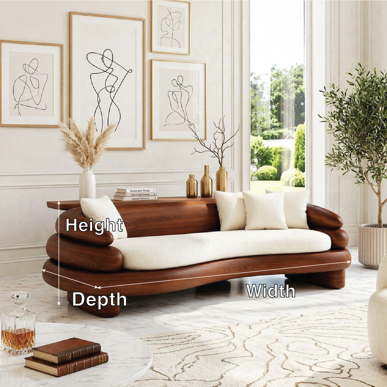 Organic Modern Wooden Sofa, Sculptural Curved Statement Couch with Cream Cushions