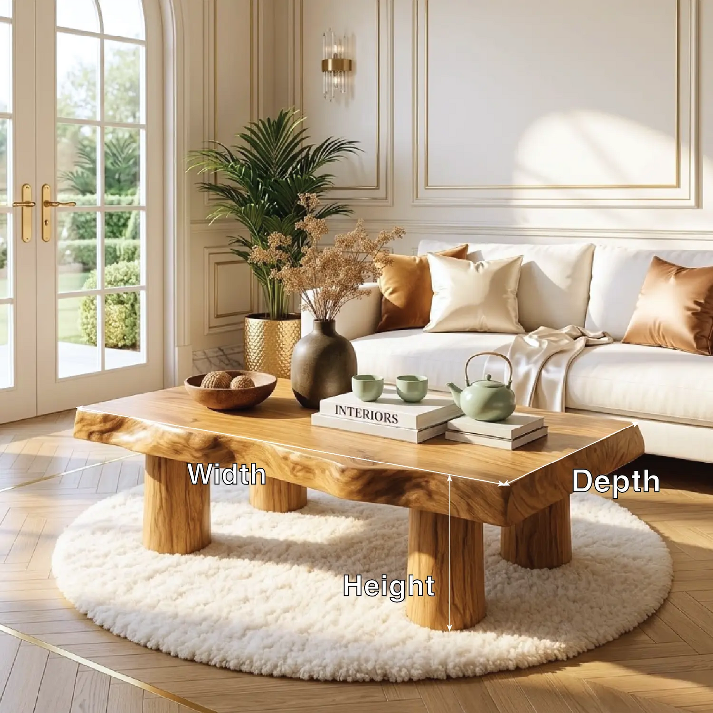 Handcrafted Wooden Coffee Table with Thick Pillar Legs and Natural Finish Kitchnce