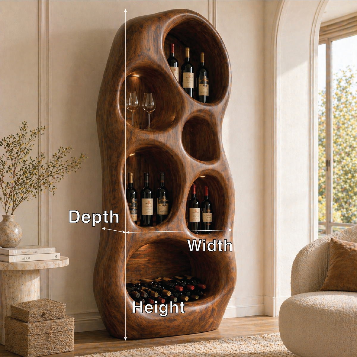 Sculptural Tall Wine Cabinet Freestanding Bottle Display Modern Bar Storage Shelf Unit