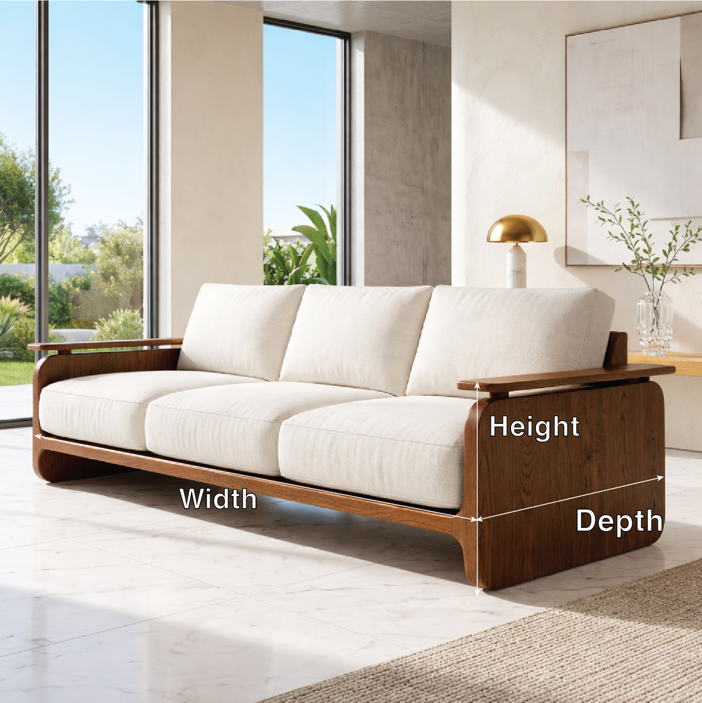 Modern Solid Wood Sofa with White Fabric Cushions Minimalist Japandi Living Room Couch