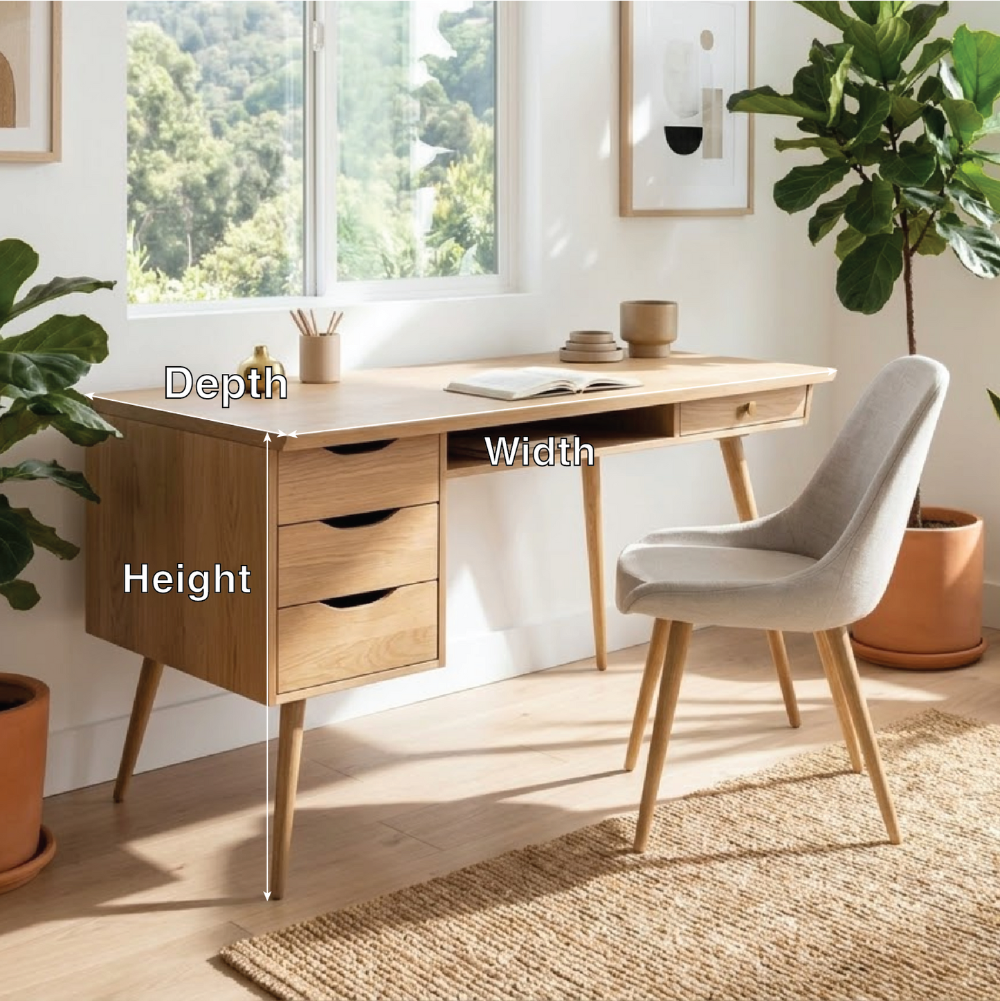 Mid Century Modern Desk with Drawers Storage Home Office Writing Table Solid Frame