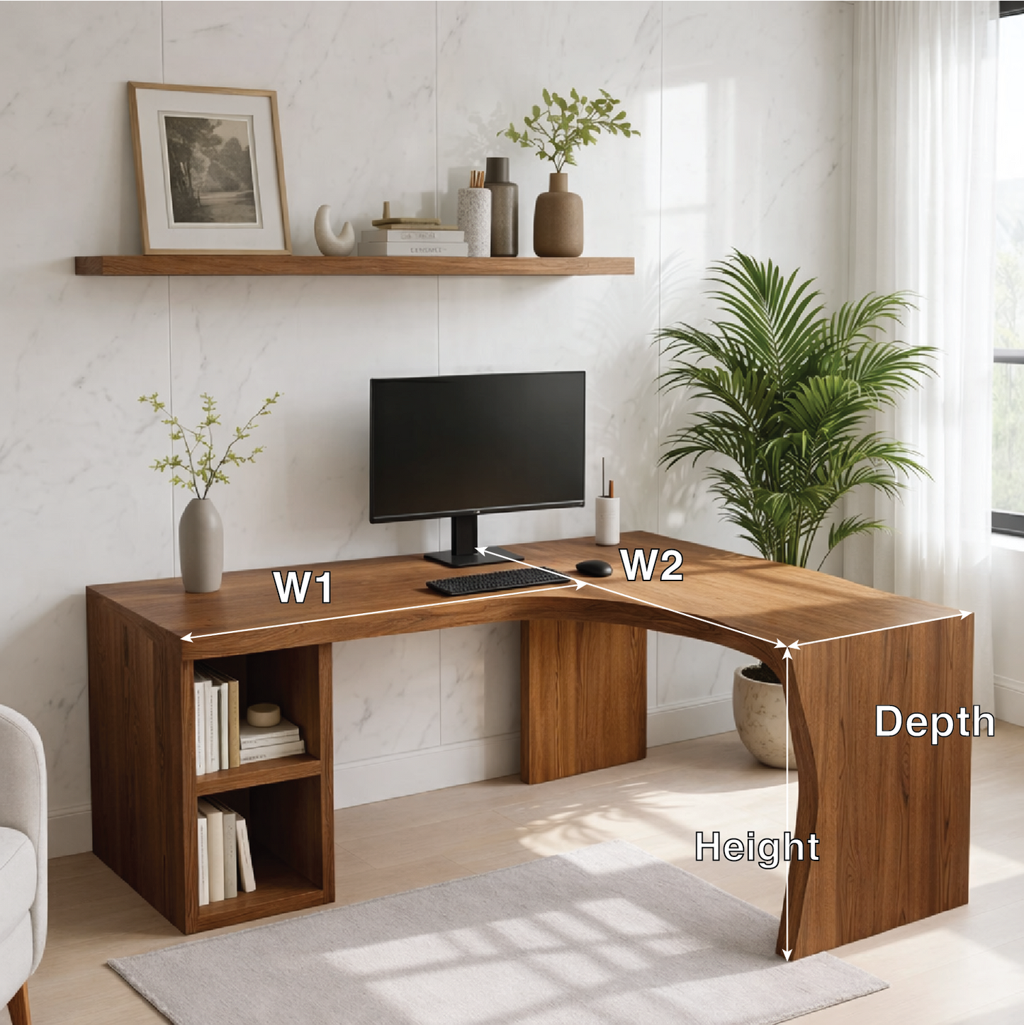Modern L-Shaped Solid Wood Desk with Live Edge Corner Design – Walnut Home Office Workstation