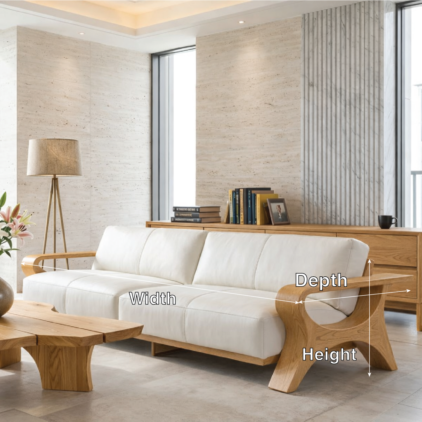 Modern Sculptural Solid Wood Sofa with White Leather Cushions Scandi Living Room Couch
