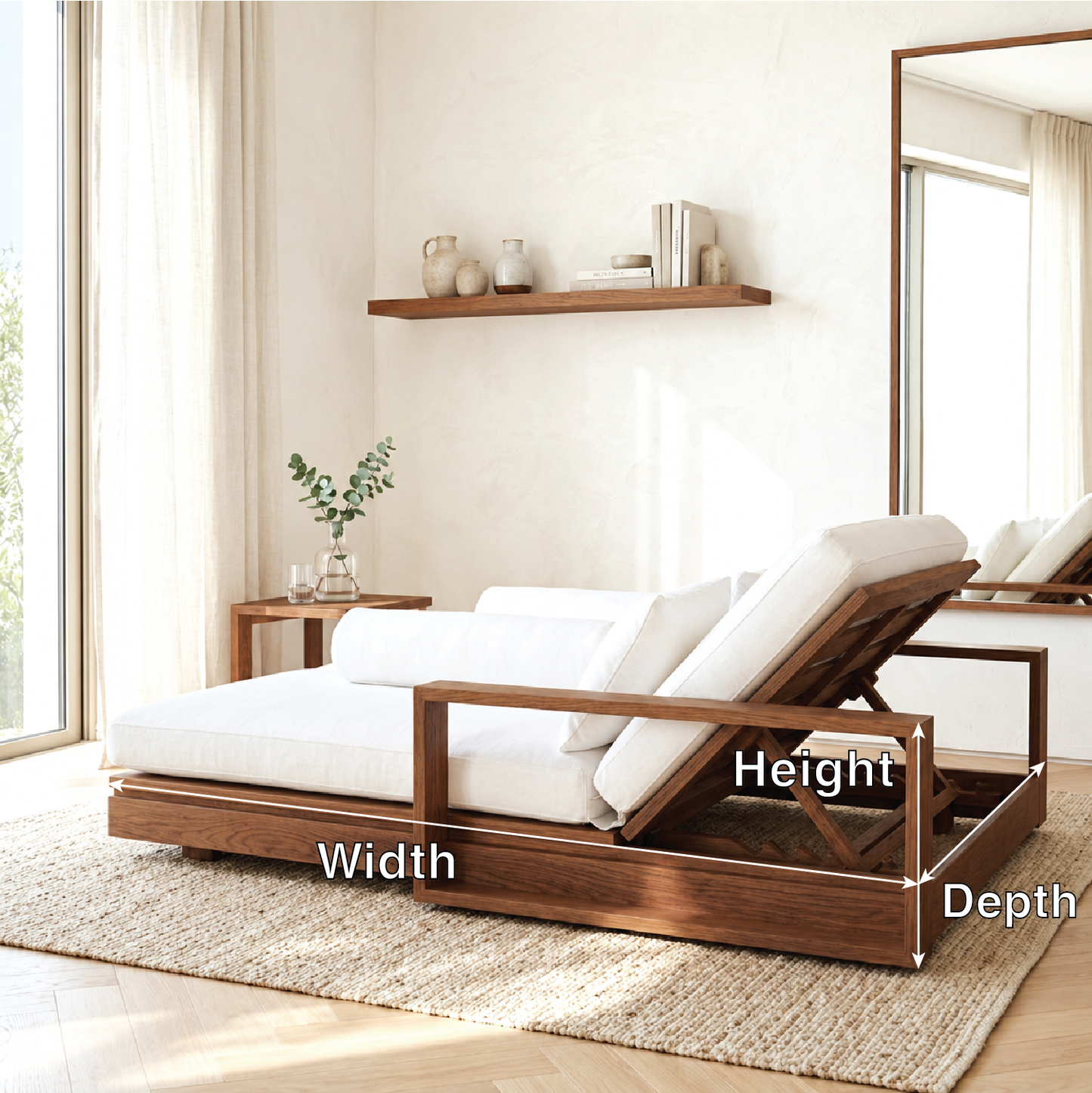 Adjustable Upholstered Daybed With Reclining Backrest, White Cushions, Lounge Chaise