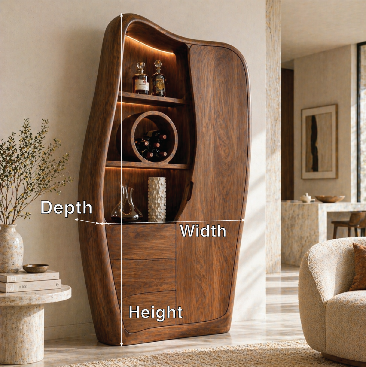 Sculptural Tall Bar Cabinet Wine Storage Display Shelves Freestanding Statement Piece