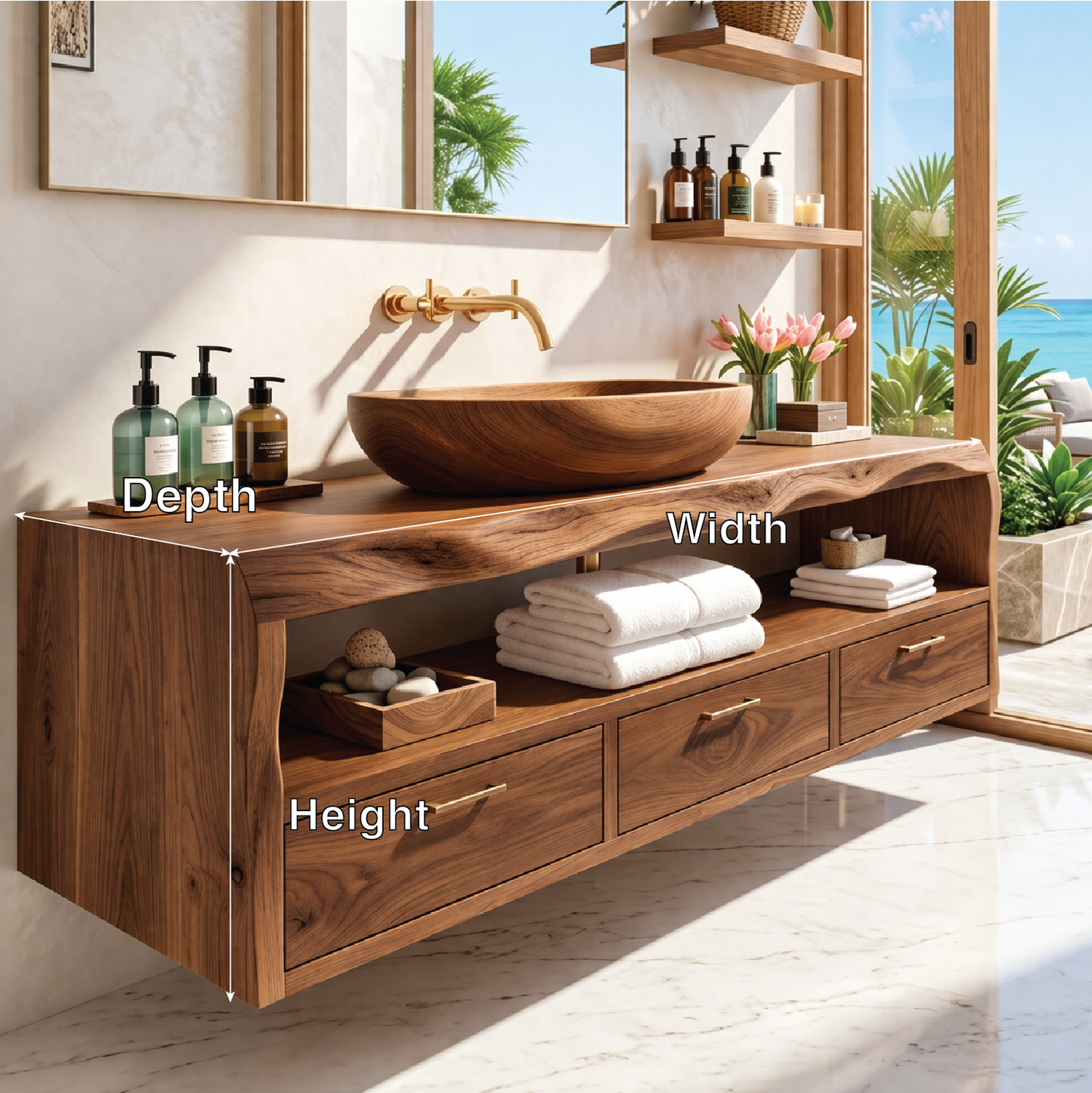Modern Solid Wood Bathroom Vanity with Floating Drawers and Open Shelf Storage