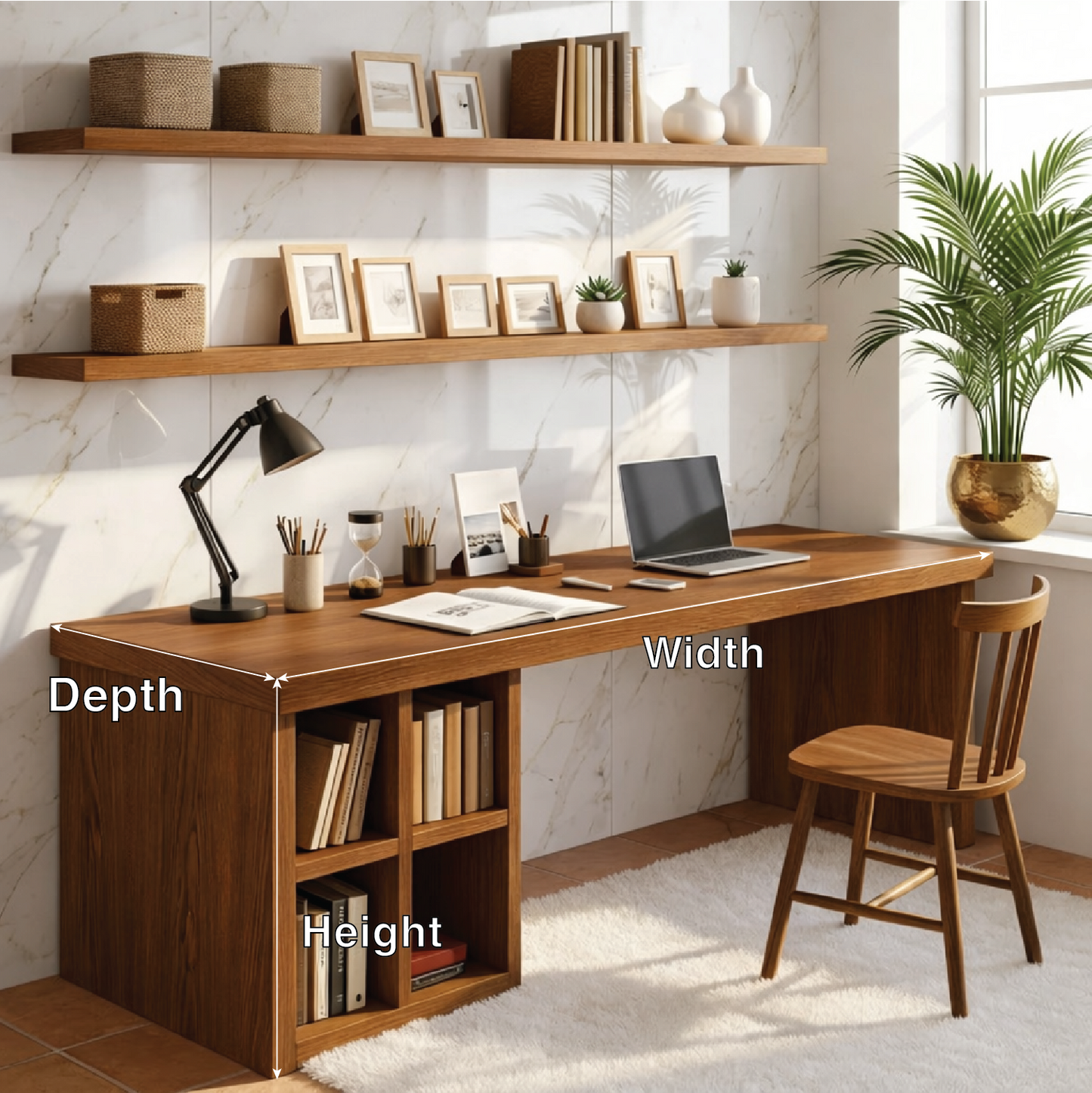 Modern Long Writing Desk with Storage Shelves Home Office Work Table Minimal Design
