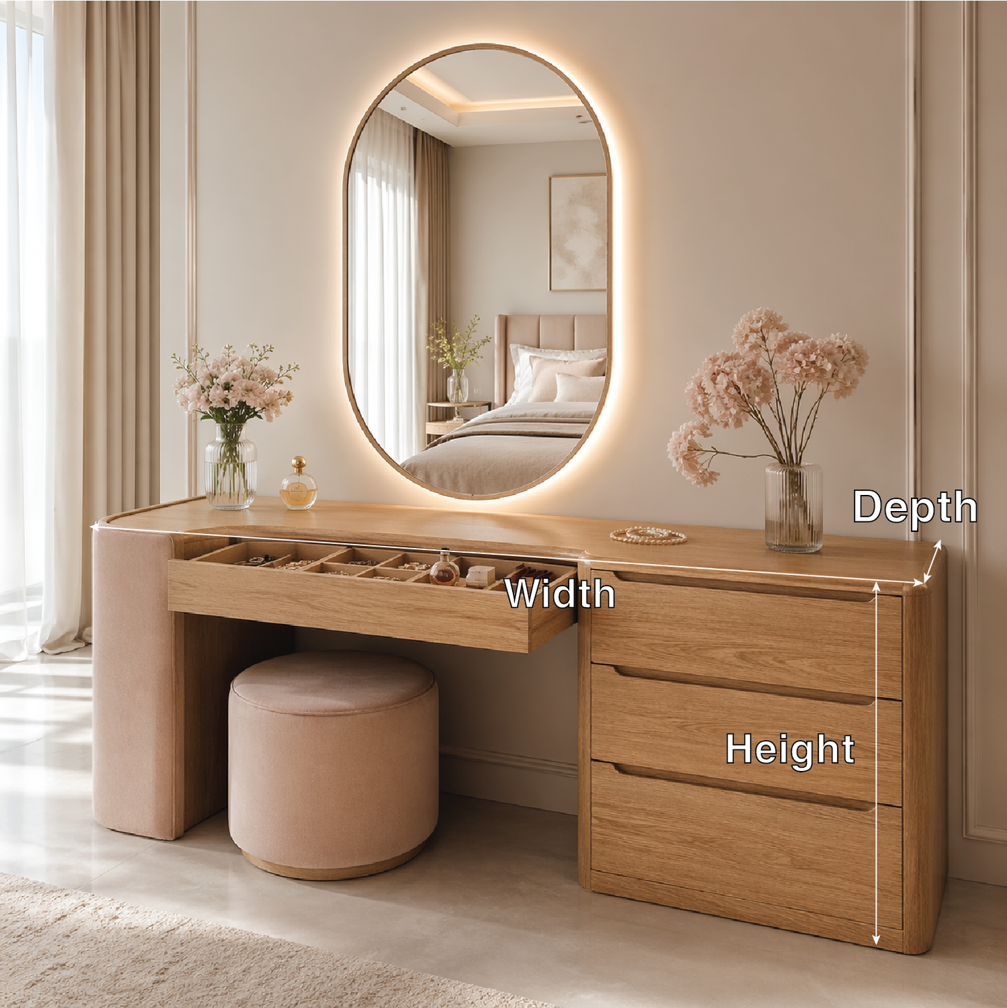 Modern Makeup Vanity Desk With LED Mirror Drawers Dressing Table Bedroom Storage Set
