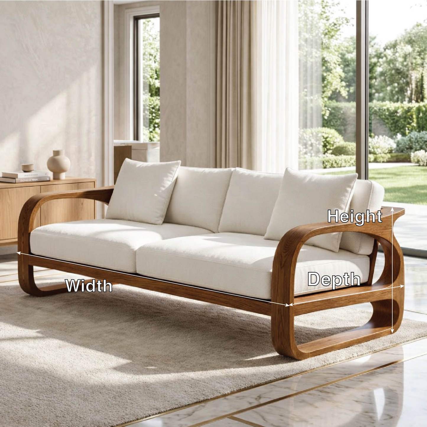 Modern Sculptural Solid Wood Sofa with White Fabric Cushions Luxury Scandi Couch