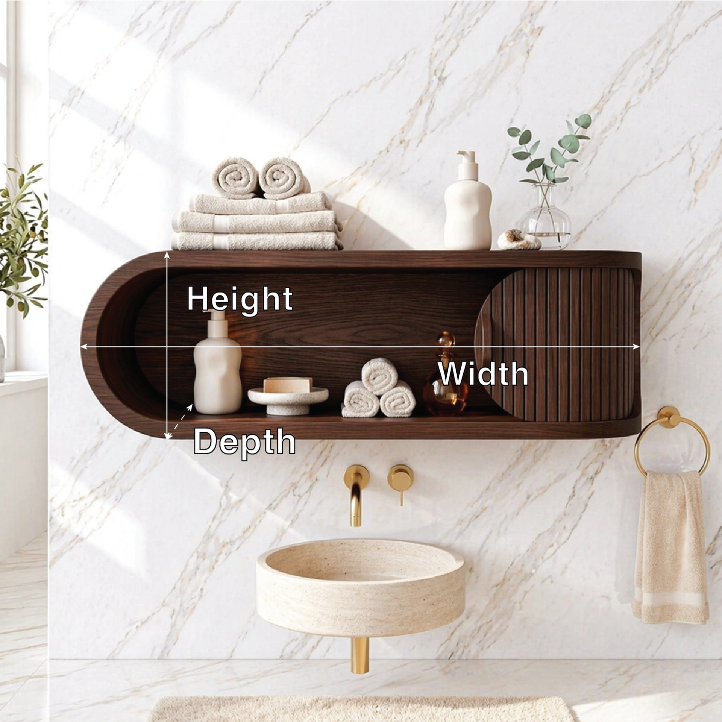 Floating Bathroom Cabinet, Modern Rounded Wall Mounted Vanity Storage Shelf Unit