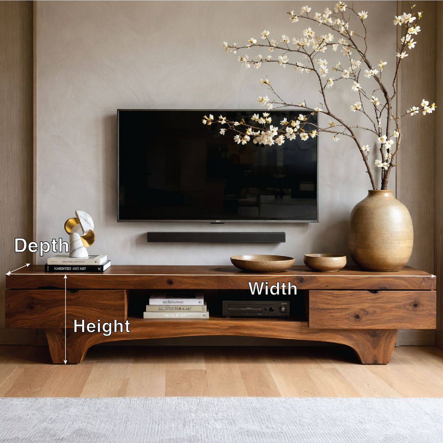 Solid Wood TV Stand with Drawers, Rustic-Modern Media Console Cabinet Centerpiece