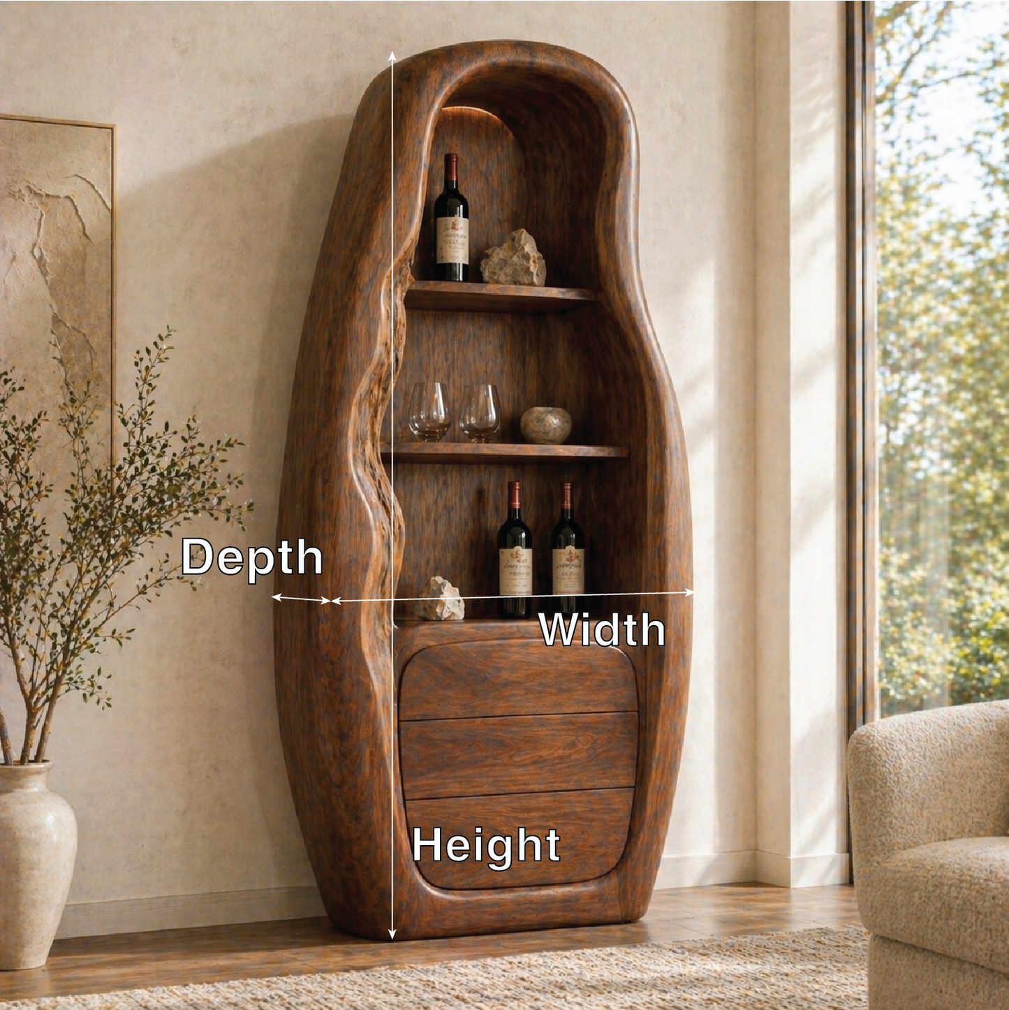 Sculptural Tall Wine Cabinet Freestanding Bar Storage Display Shelves With Drawers