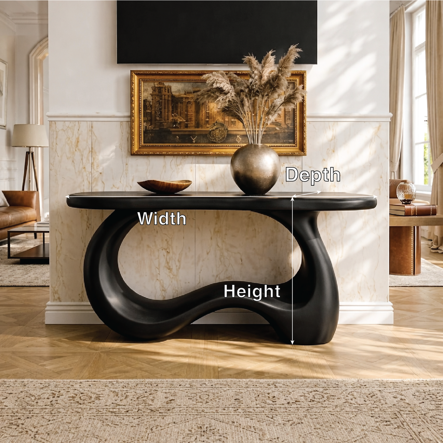 Solid Wood Console Table with Sculpted Curved Base, Modern Organic Design
