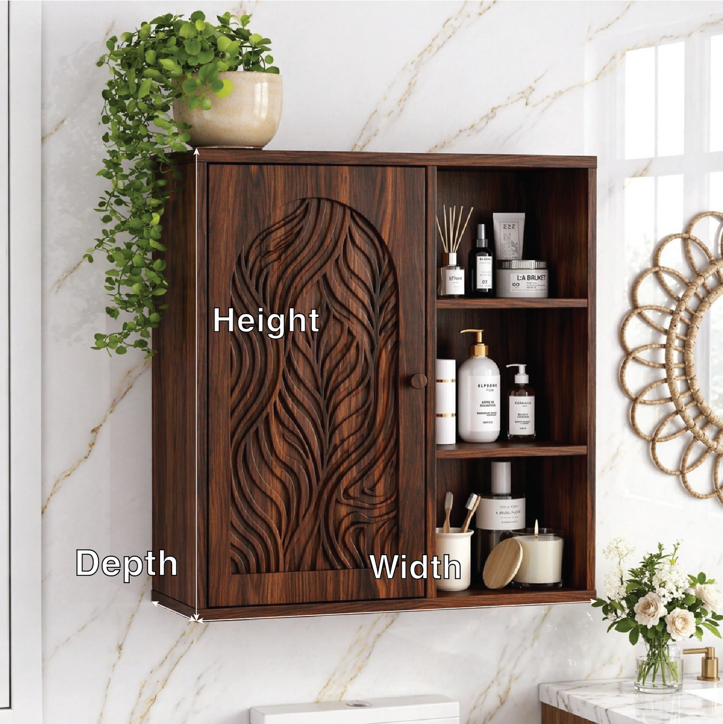 Floating Bathroom Cabinet, Modern Carved Wall Mounted Vanity Storage Organizer Unit