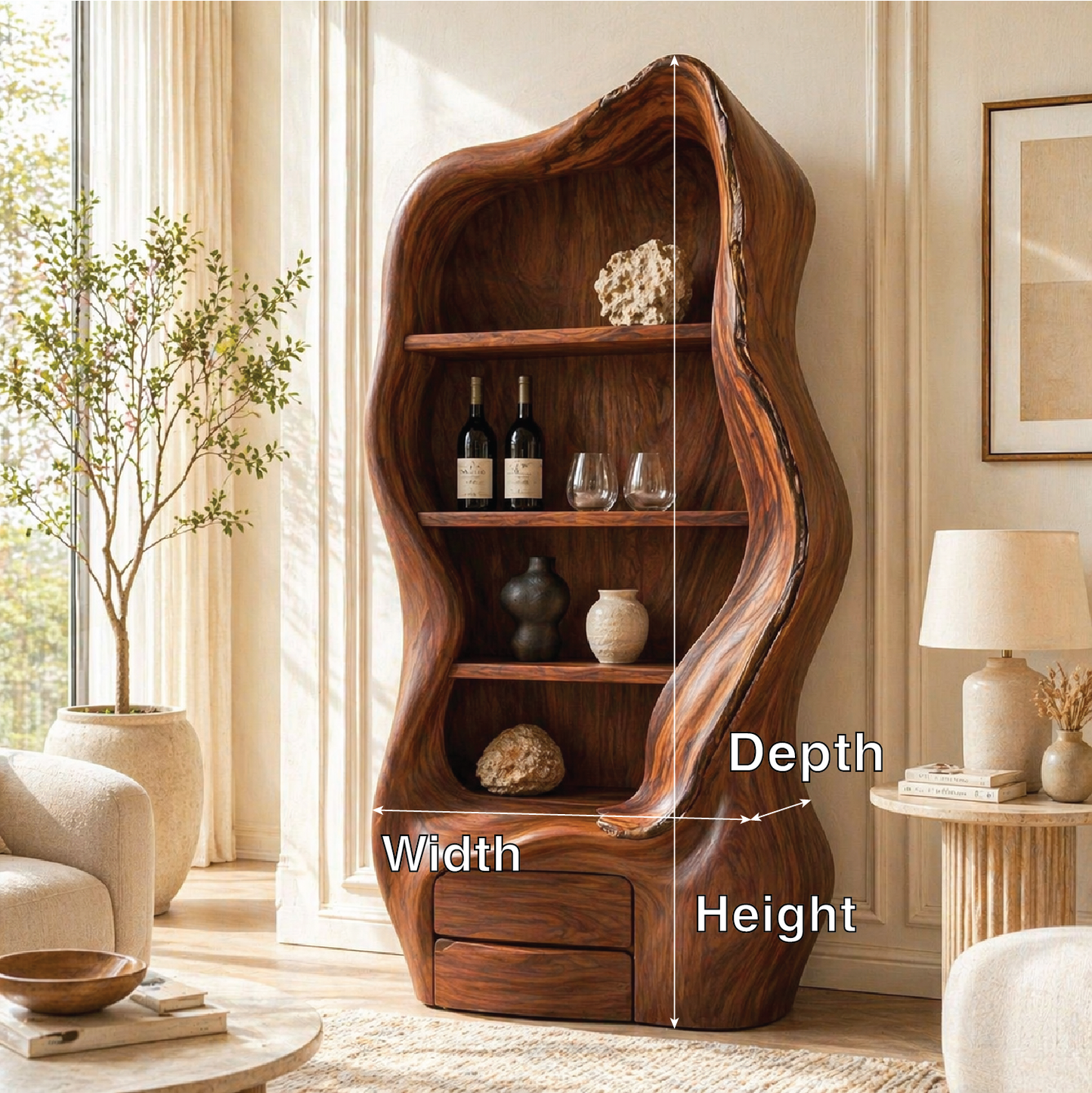 Sculptural Tall Wine Cabinet Organic Bar Storage Display Shelves Statement Furniture