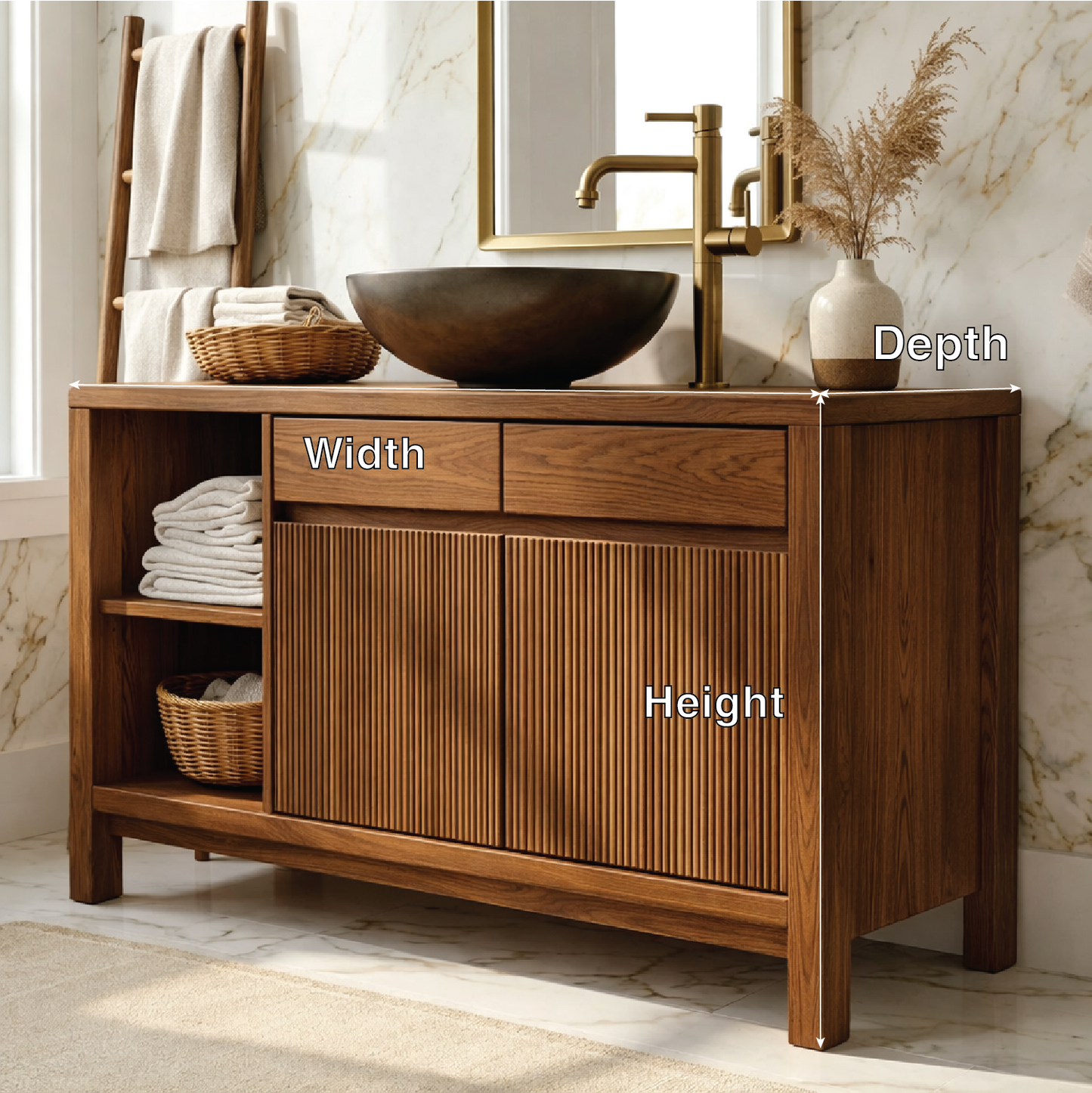 Modern Solid Wood Bathroom Vanity with Fluted Doors and Open Shelf Storage