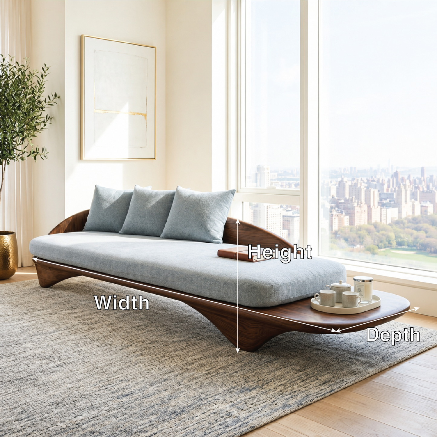 Sculptural Curved Upholstered Daybed With Side Tray, Blue Cushions, Lounge Bench