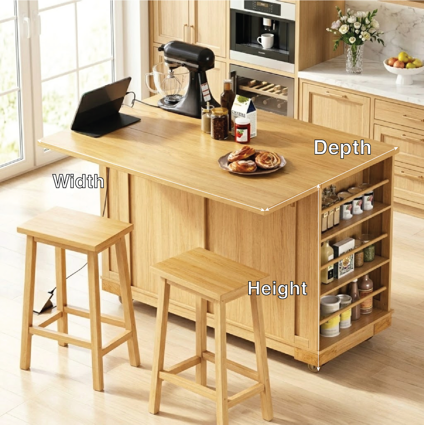 Large Kitchen Island with Side Spice Shelves, Modern Prep Table, Dining Island for Home Kitchen