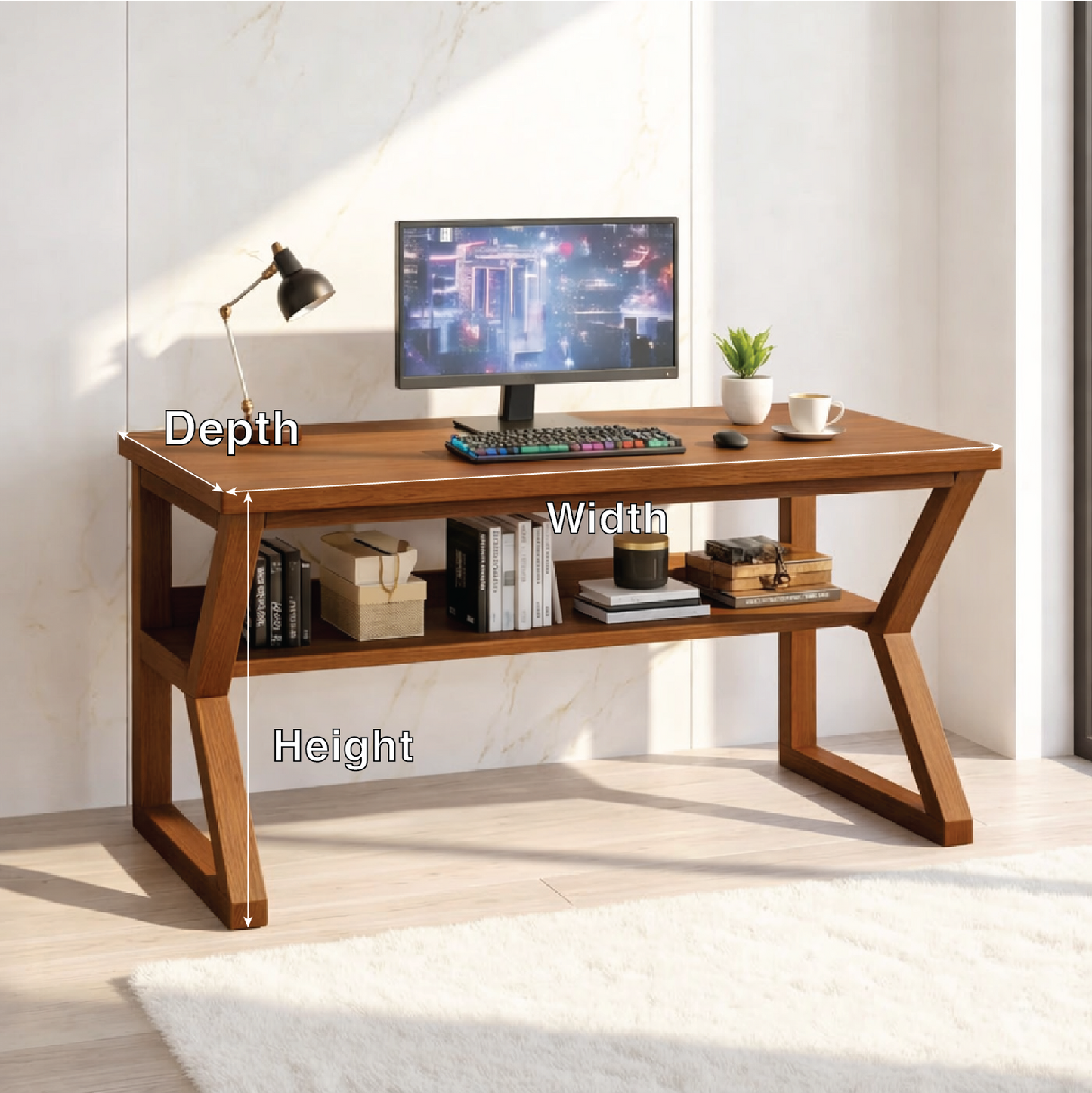 Modern Long Work Desk with Open Shelf Home Office Computer Desk Minimal Design Table