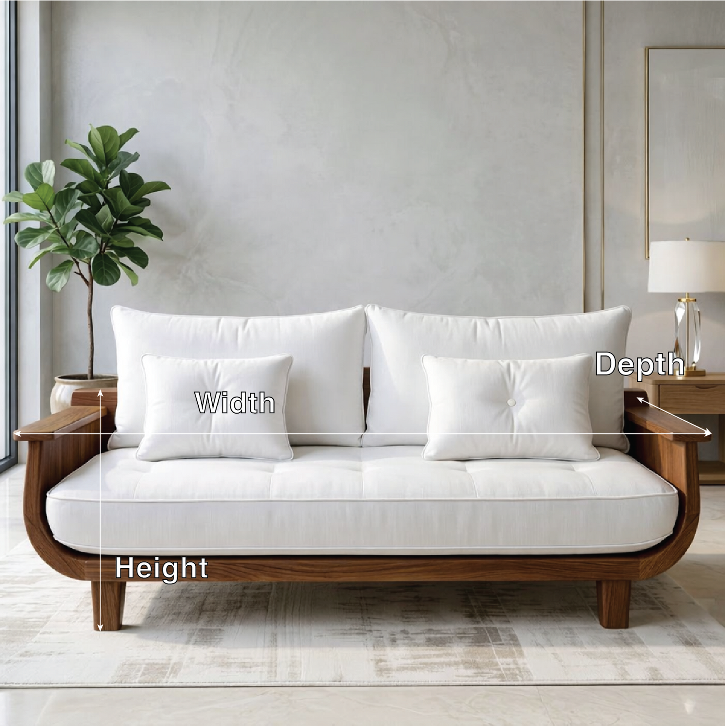 Modern Curved Solid Wood Sofa with White Tufted Cushions Mid Century Seating