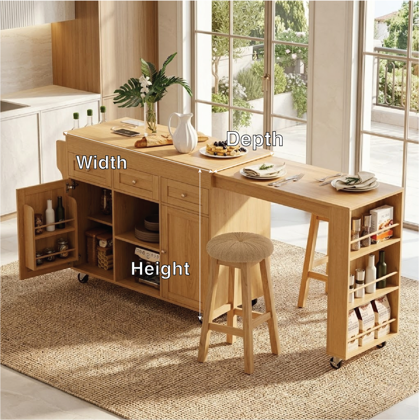 Rolling Kitchen Island with Extendable Dining Table, Storage Cabinet, Modern Prep Cart for Home