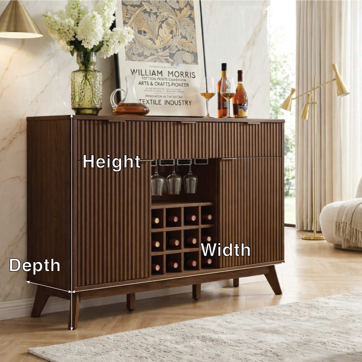 Contemporary Fluted Wooden Bar Cabinet, Wine Storage Sideboard with Glassware Rack