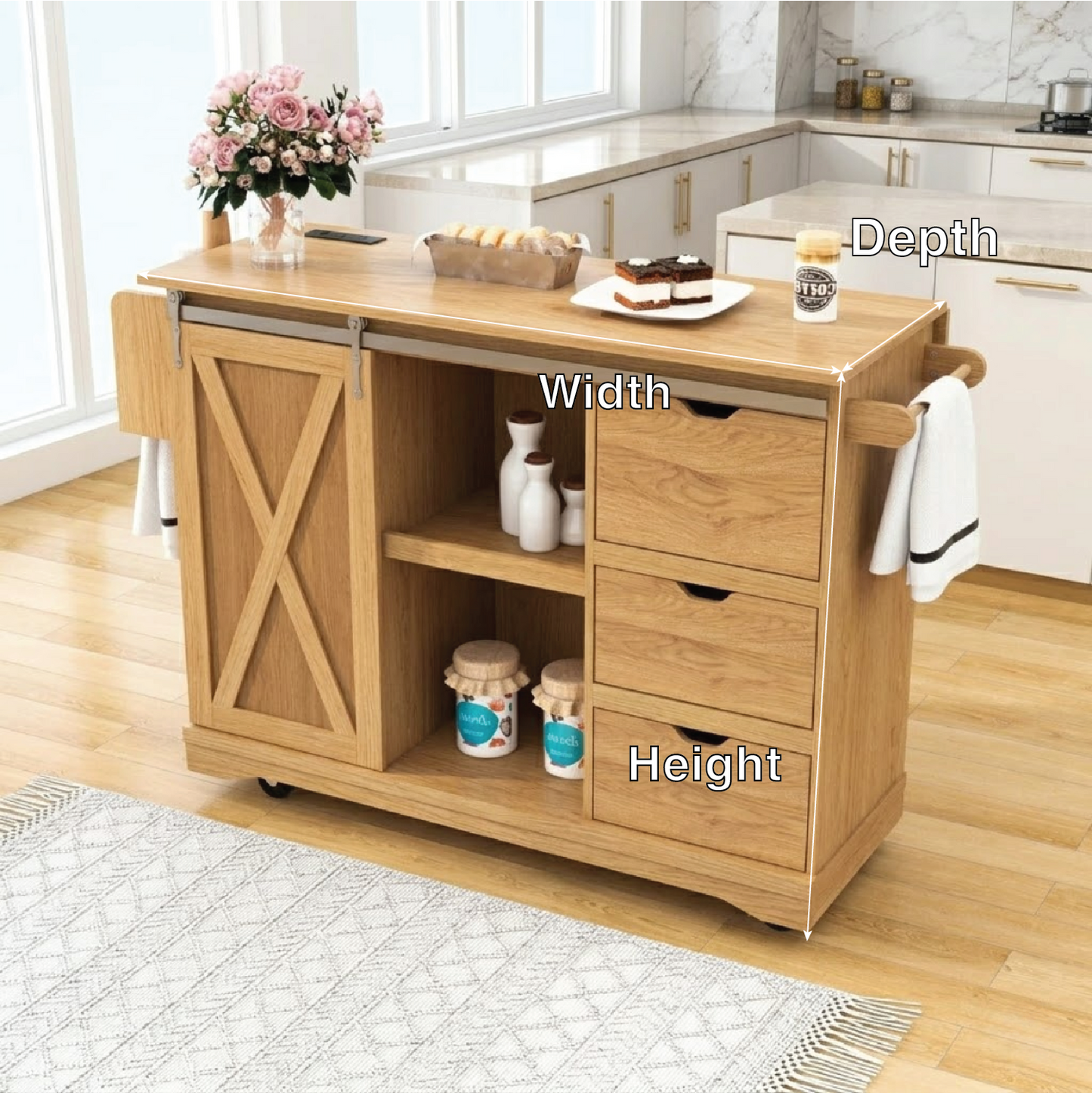 Rolling Kitchen Island with Drawers, Sliding Barn Door Storage Cart, Modern Prep Table for Kitchen