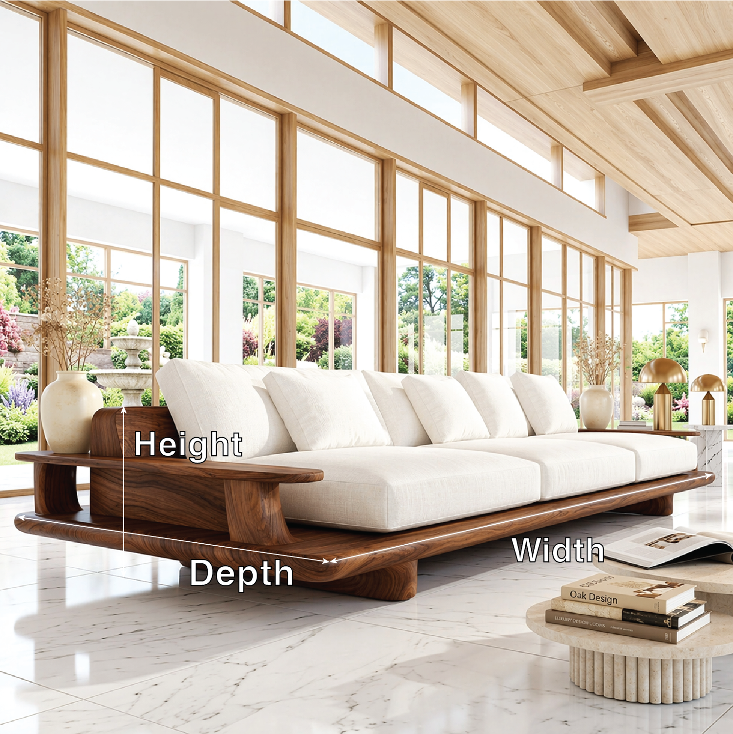 Modern Wooden Platform Sofa, Luxury Minimalist Couch with Integrated Side Tables