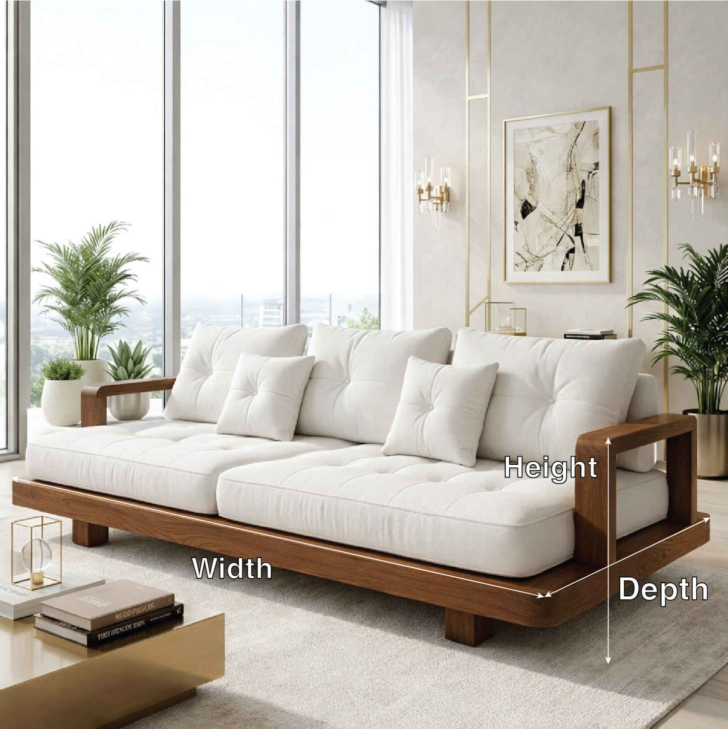 Modern Minimalist Solid Wood Sofa with White Tufted Cushions Zen Living Room Couch