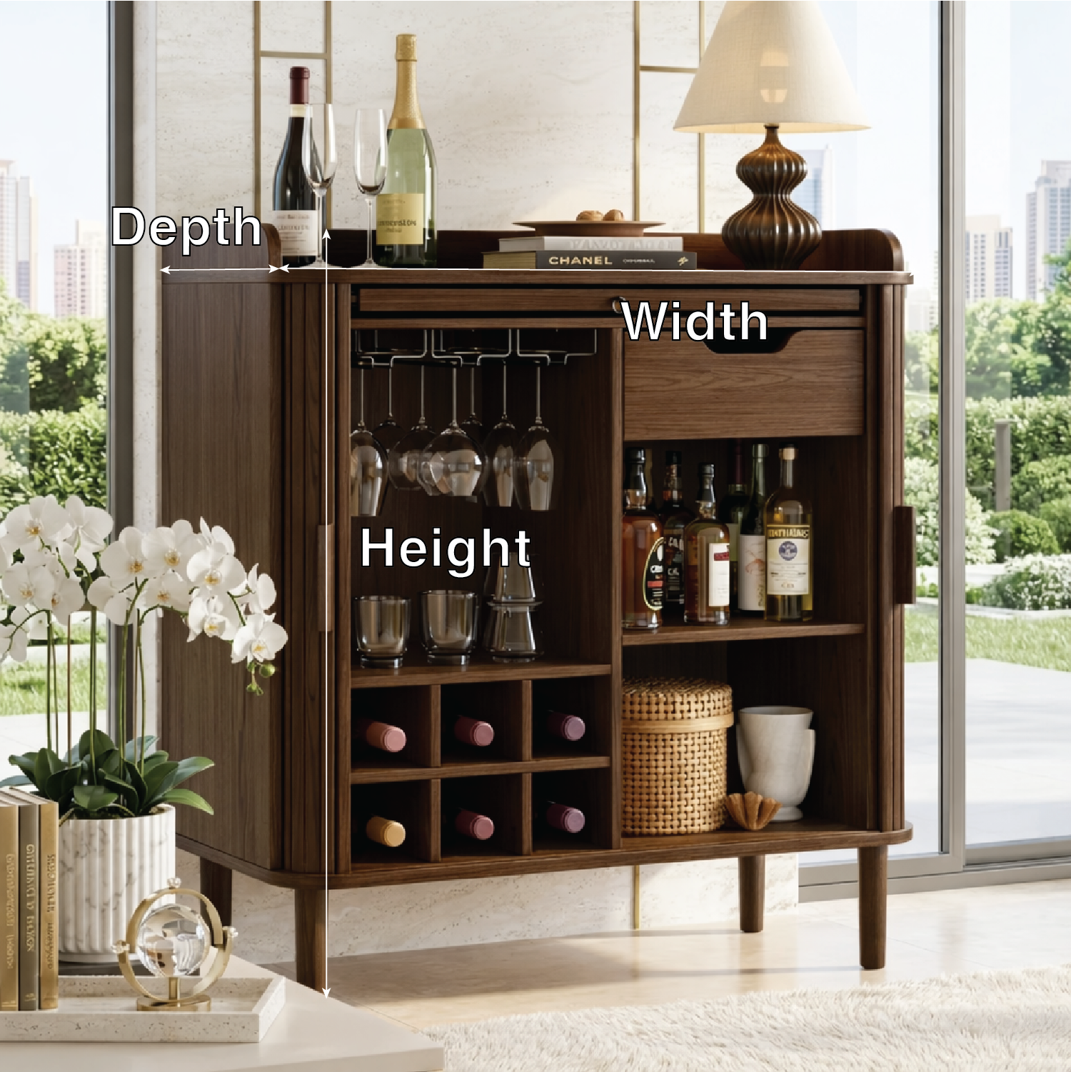 Elegant Modern Wooden Bar Cabinet, Fluted Home-Bar Console with Wineglass Storage