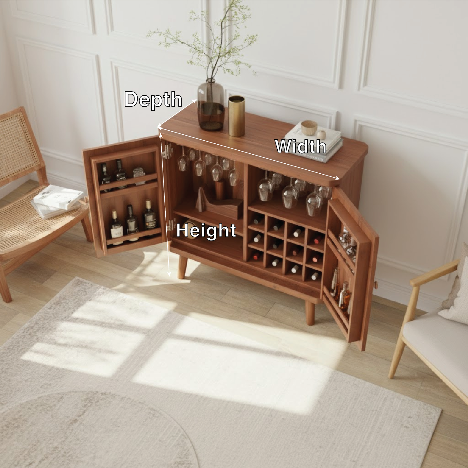 Handcrafted Solid Wood Wine Cabinet Mid Century Bar Sideboard with Glass Rack Storage