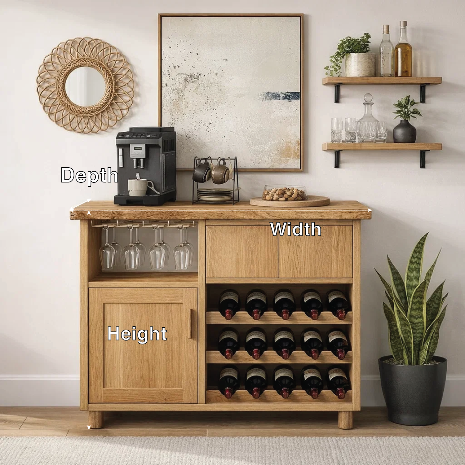 Solid Wood Wine Cabinet with Glass Holder and Bottle Storage Rack