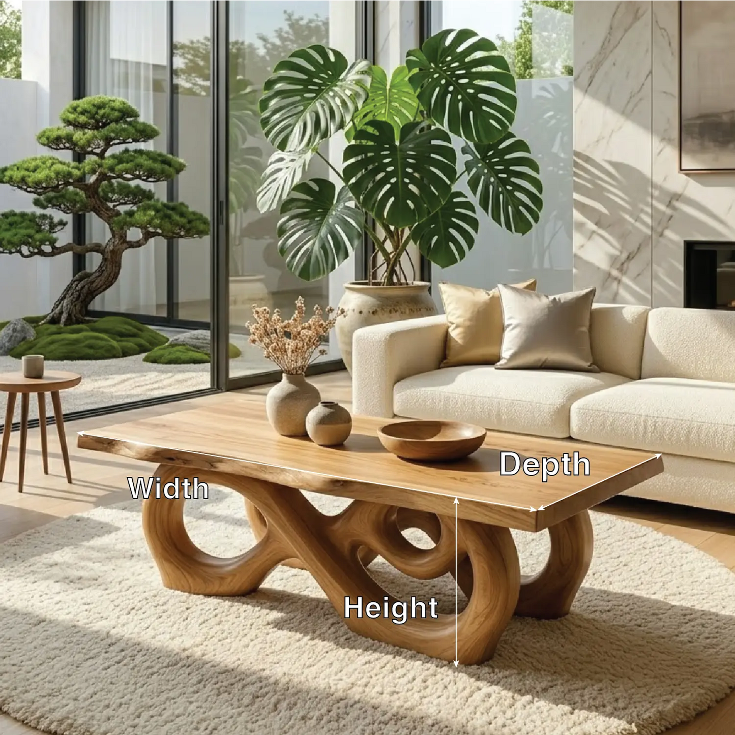 Sculptural Solid Wood Coffee Table with Artistic Carved Base, Modern Living Room Table Kitchnce