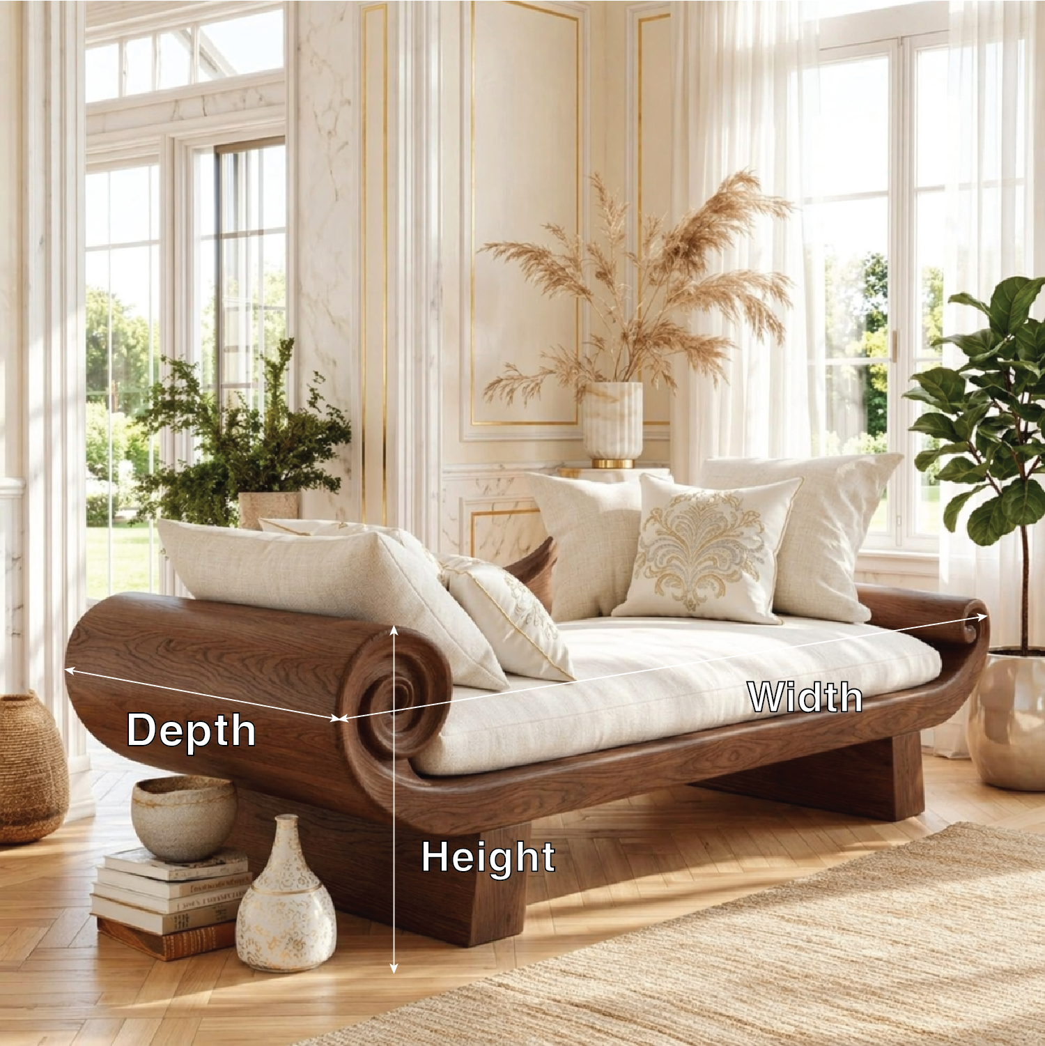 Scrolled Arm Daybed Sofa, Sculptural Luxury Accent Seating for Elegant Interiors