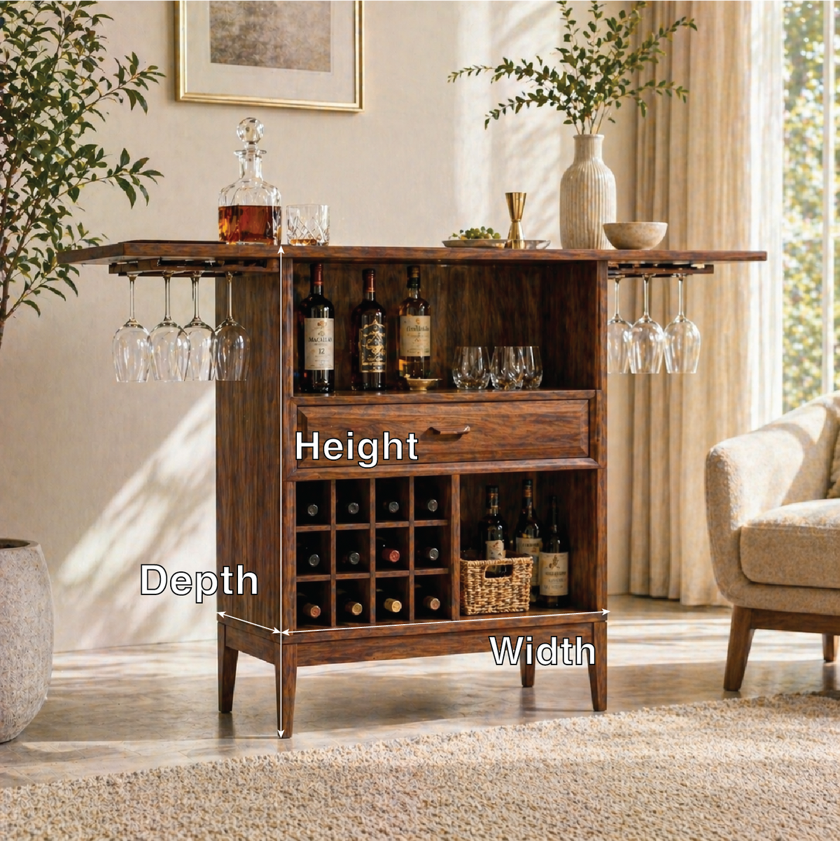 Expandable Bar Cabinet Wine Storage Glass Rack Home Entertaining Display Furniture