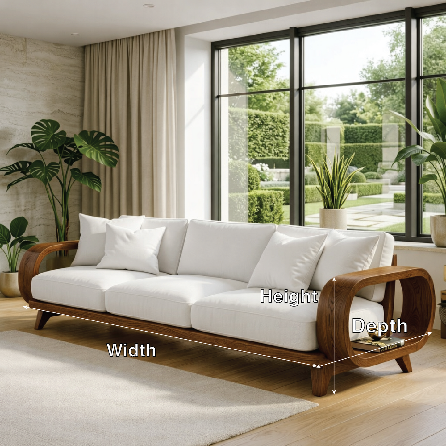 Modern Sculptural Solid Wood Sofa with White Cushions Organic Curved Designer Couch