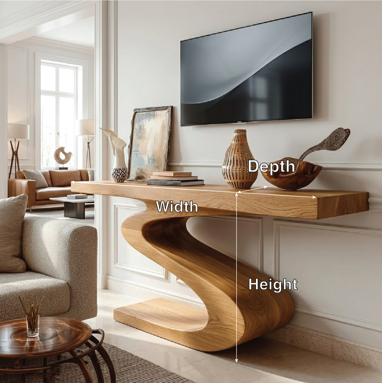 Solid Wood Console Table with Sculpted Curved Base, Modern Artistic Design